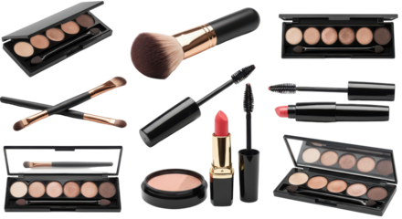 Assorted makeup items brushes, eyeshadow palette, mascara, powder, and lipstick displayed