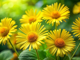 Fototapeta premium Delicate Yellow Doronicum Blossoms and Lush Green Leaves Background - Spring Nature Stock Photo