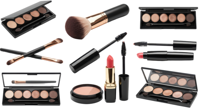 Assorted makeup items brushes, eyeshadow palette, mascara, powder, and lipstick displayed