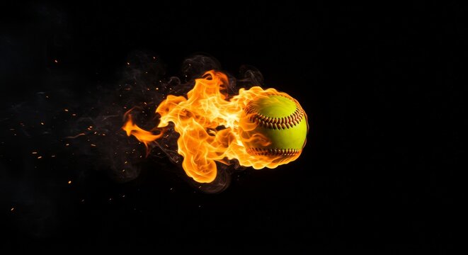 Fiery Softball Flight - A softball engulfed in flames streaks across a black background. Perfect for sports, energy, and competition themes