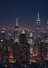 Urban Night View with Two Lit Skyscraper Spires