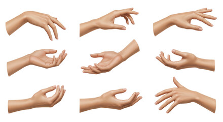 Multiple human hands displaying various gestures, isolated on a black background