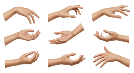 Multiple human hands displaying various gestures, isolated on a black background