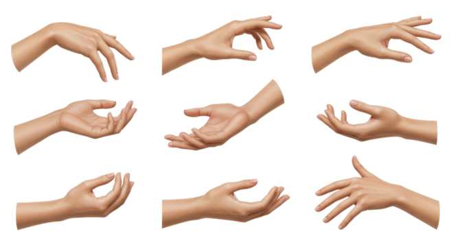 Multiple human hands displaying various gestures, isolated on a black background