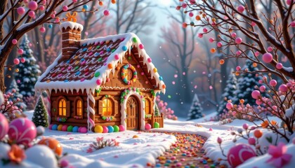 Fototapeta premium A charming gingerbread house with colorful icing and candy decorations in a magical forest.