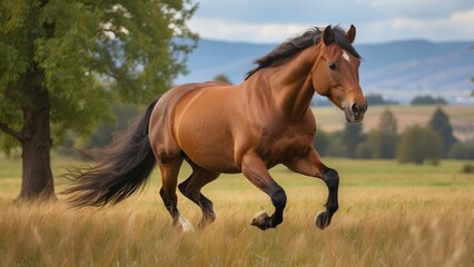 Brown Horse Running Freely in Green Meadow with Mountain View