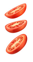 Fresh tomato slices in air isolated over transparent background, png ready cut-out