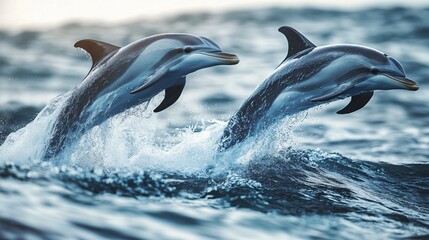 Fototapeta premium Dolphins leaping gracefully ocean waves wildlife photography marine environment side view capturing joyful moments