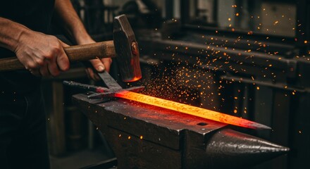 Forging a Metal Blade - Close-up of a blacksmith forging a glowing metal blade on an anvil, sparks flying