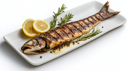 fried fish with vegetable on white dish top view, Delicious Asian fish fry served on a wooden table.