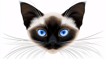 portrait of a Siamese cat’s face with blue eyes staring directly ahead, whiskers extending, white background emphasizing the symmetry siamese cat face close up blue eyes direct stare detailed 