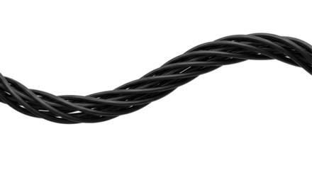 Curving, twisted black cables against a stark black background, showcasing form and texture