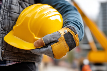 Close up of worker holding yellow hard hat with glove, construction site background