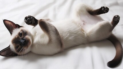 Siamese cat lying on its back on a white surface, paws in the air, displaying a relaxed and playful mood. The dark points on the tail and paws are clearly visible against the pale fur. Siamese 
