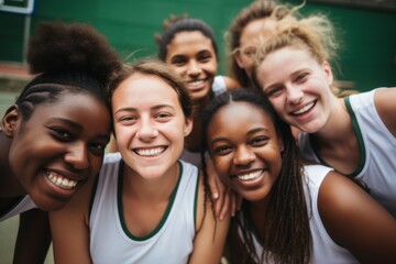 Portrait of a young female basketball players smiling and posing for a team photo on the basketball court