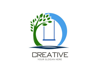 Green Tree with Swing Logo Design. Circle Logo Design