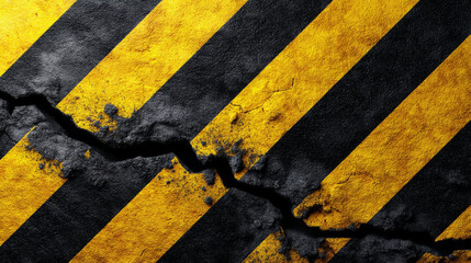 Cracked black and yellow hazard stripes background with grunge texture and warning concept
