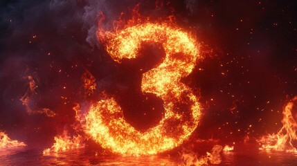 Fiery number three, inferno background, burning