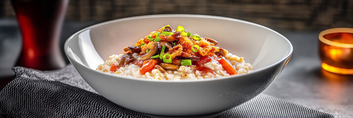 Fototapeta premium Hearty chicken broth oatmeal with fried mushrooms and green onions, a rich, savory dish that's both filling and nutritious for a satisfying meal, banner
