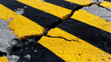 Cracked yellow and black hazard stripes on rough concrete surface, symbolizing danger or decay