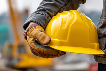 Close up of gloved hand holding yellow hard hat at construction site, symbolizing safety focus
