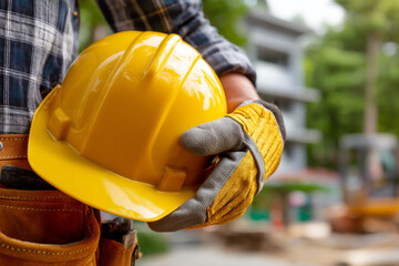 Close up of worker holding yellow hard hat with gloves at construction site outdoors