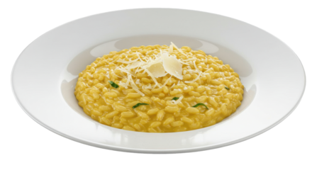 Creamy yellow risotto with cheese garnish. Plated neatly on white. Delicious-looking meal