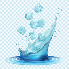 3d realistic ice cubes falling in blue water splash with drops on transparent background. Stream of icy water.