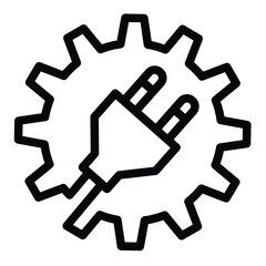 Cogwheel with fork plug and cord line icon, electrical service concept. Vector graphics. Fork on mechanic gear, repair sign on white background, style for mobile or design.