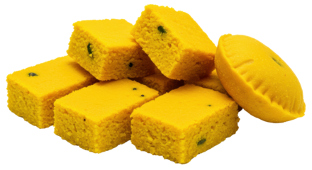 Stack of yellow square cakes and a round slice on black background. Homemade dessert delight