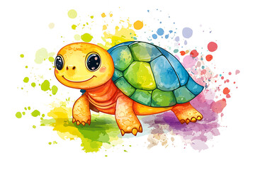 Obraz premium Colorful cartoon turtle with a vibrant shell exploring a splash of watercolor paint