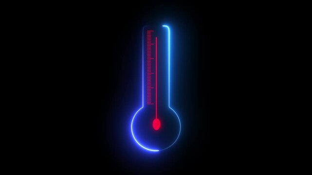 Glowing neon thermometer, glowing blue outline and red mercury, dark background, digital art, cyberpunk aesthetic, futuristic temperature gauge, sleek technology icon, luminous edges, 4k animation