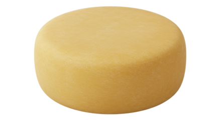 Yellow cheese wheel with a cylindrical shape with smooth texture displayed on black