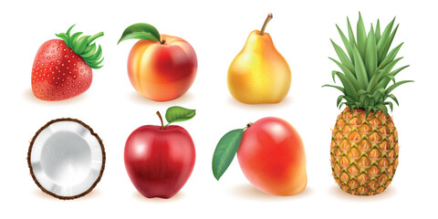 Realistic collection sweet fresh fruits. Strawberry, apple, pear, coconut, peach, mango, pineapple isolated on a transparent background.