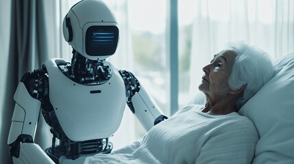 Compassionate robot assisting elderly patient home care digital art warm environment close-up view future of healthcare