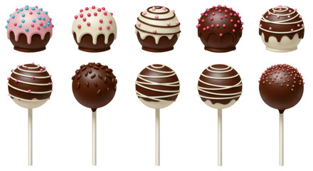 An assortment of ten decadent cake pops with drizzles and sprinkles