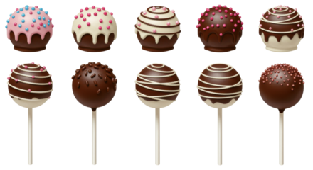 An assortment of ten decadent cake pops with drizzles and sprinkles
