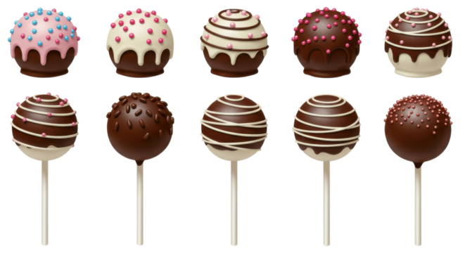 An assortment of ten decadent cake pops with drizzles and sprinkles