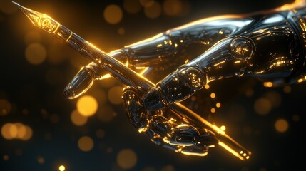 Naklejka premium Futuristic metallic hand holding a pen