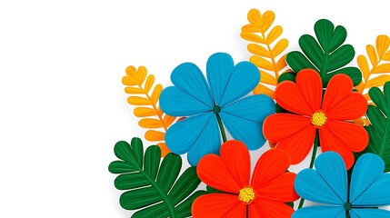Fototapeta premium Colorful paper flowers and leaves on a white background