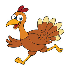 A cartoon turkey with exaggerated features, energetically running with its wings flapping and tail feathers fanned out, creating a fun, fast-paced scene full of movement and humor.