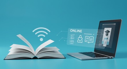 Online Education: Access to Knowledge - Open book with laptop showing online learning, representing digital education and knowledge accessibility.