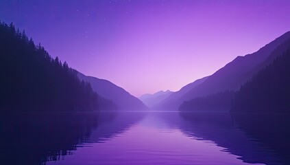 Fototapeta premium Serene twilight scene; purple hues paint the mountains reflected in a still lake under a starlit sky