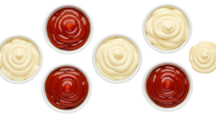 Ketchup and mayo swirl in white bowls. Array of tasty condiment variety, full view