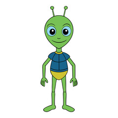 A quirky, colorful alien with big eyes, a tiny body, and oversized antennas, ready to explore the universe with a goofy grin and a fun, playful vibe.