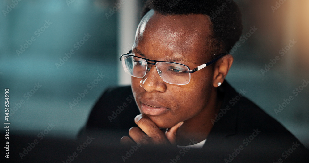 Poster Night, black man and employee with computer, thinking and ideas for reading and online solution. Person, evening and consultant with technology, problem solving or planning with internet or project