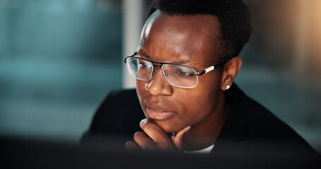 Night, black man and employee with computer, thinking and ideas for reading and online solution....