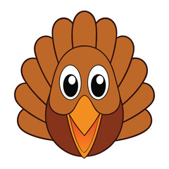 Cute brown Thanksgiving turkey face with big round eyes, orange beak, red snood, and happy expression—perfect for festive designs and holiday crafts.