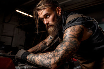 Bearded tattooed mechanic working intensely in garage workshop with focused expression