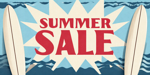 colorful illustration of a summer sale announcement featuring surfboards and a sunburst design with ocean waves in the background